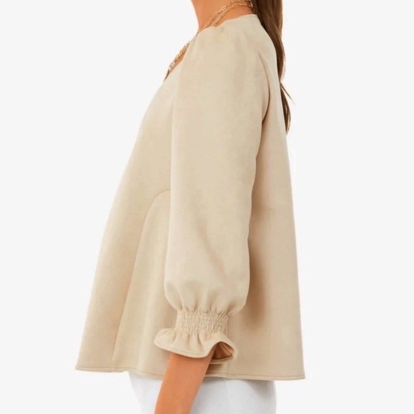 Tuckernuck Easton V Neck Faux Suede Swing Blouse Puff Sleeve Smocked Cuff Large - Picture 2 of 8